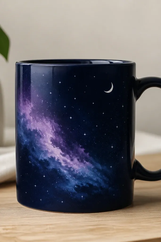 A dark indigo mug front with a soft purple-to-blue swirl cloud, plus scattered tiny white star dots and a small crescent moon in the corner.