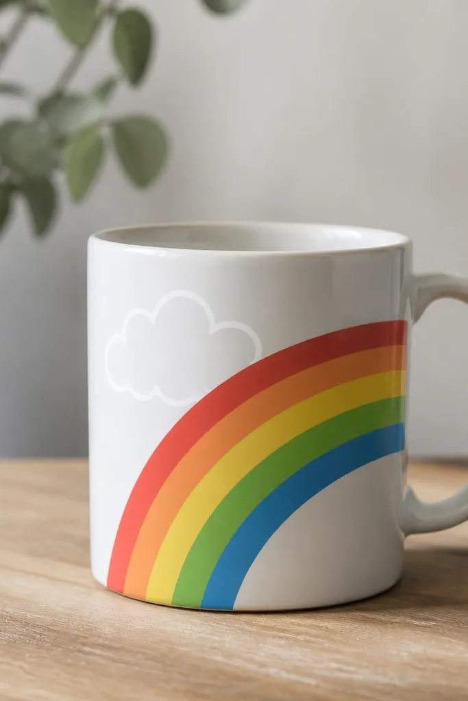 A mug with a curved rainbow arc in five colors and a simple white cloud outline behind it.