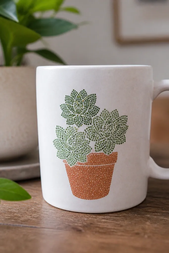 A mug with a terracotta-colored plant pot and three green succulent rosettes made from small dots arranged in circles.