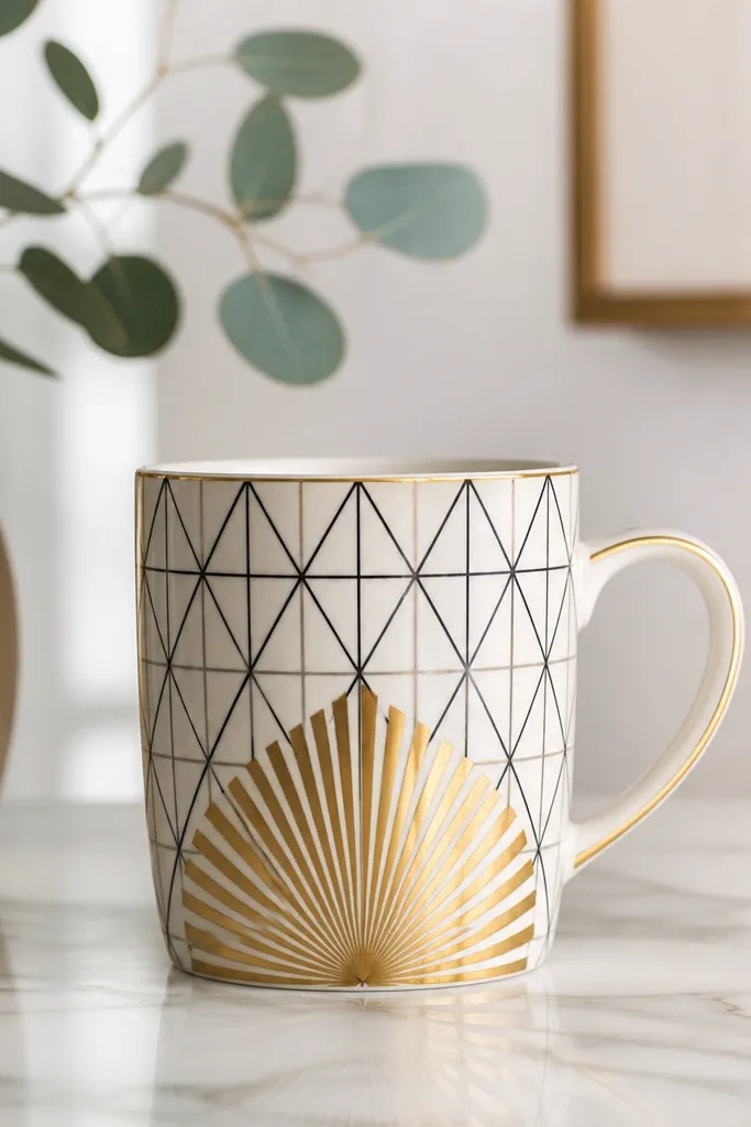 A mug with a gold fan-shaped pattern radiating outward from the center, with black geometric lines forming triangles around it.