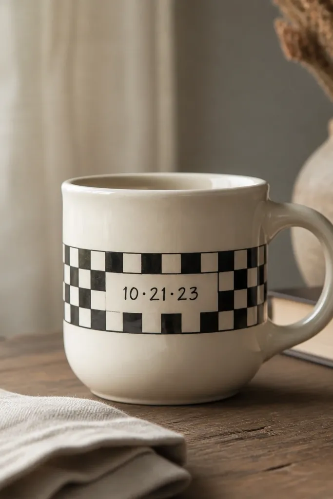 A mug with a two-inch-wide checkered panel along the side in black and cream, and a handwritten date in the center of the panel.