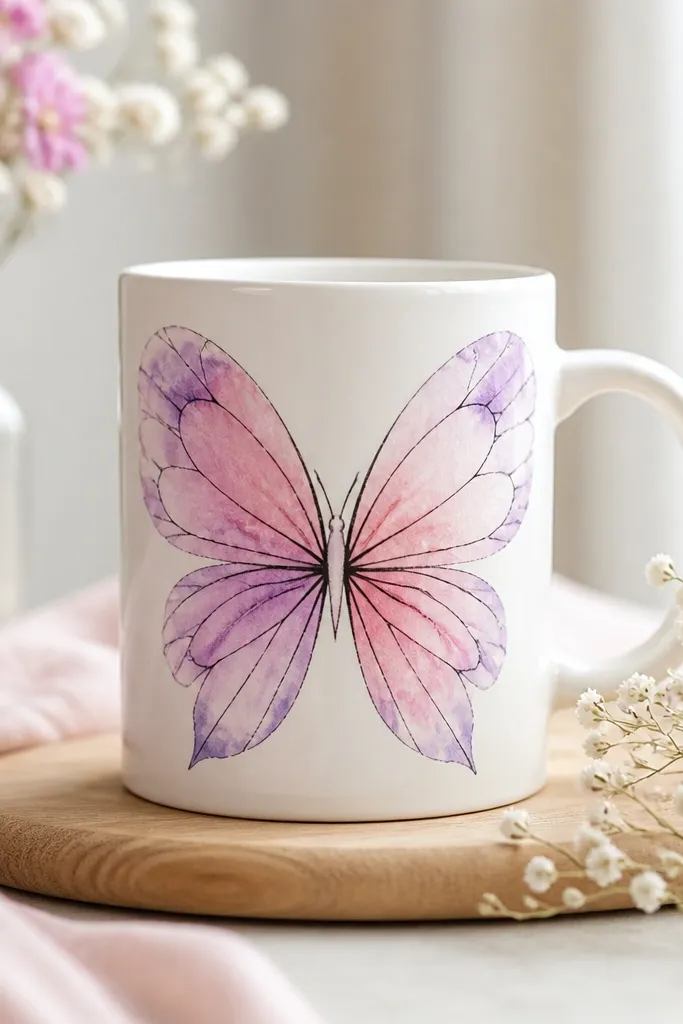 A mug with two butterfly wings painted in soft watercolor-like pink and purple, and thin black vein lines branching from the center.