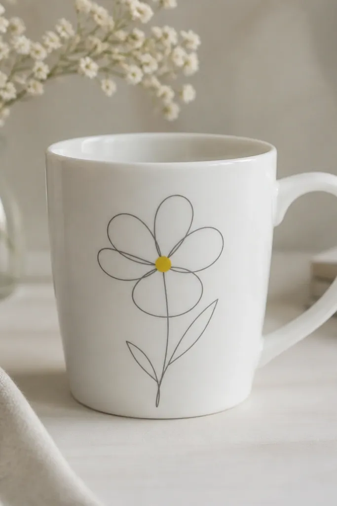 A white mug with a single thin-line flower drawn in dark gray, and one bright yellow dot in the center.