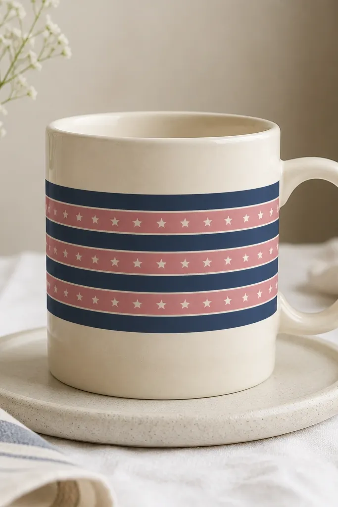 A mug with a cream base and a center band of alternating navy and dusty rose stripes, with tiny white stars on the rose stripes.
