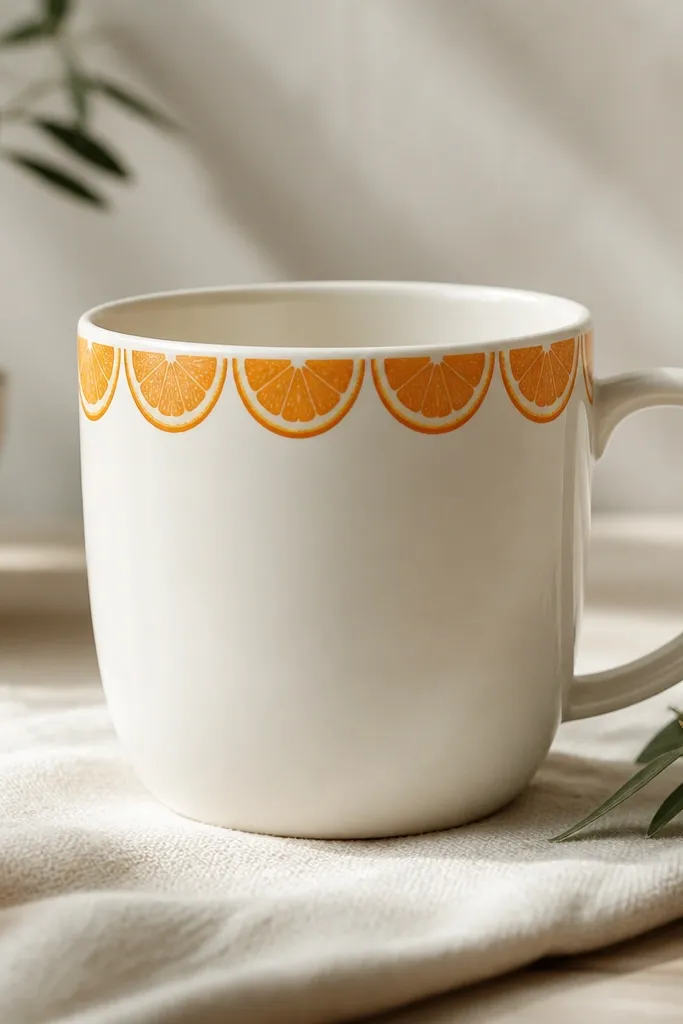 A mug with a thin orange peel strip pattern around the top rim area, like repeating half-moon segments, and a clean blank center.