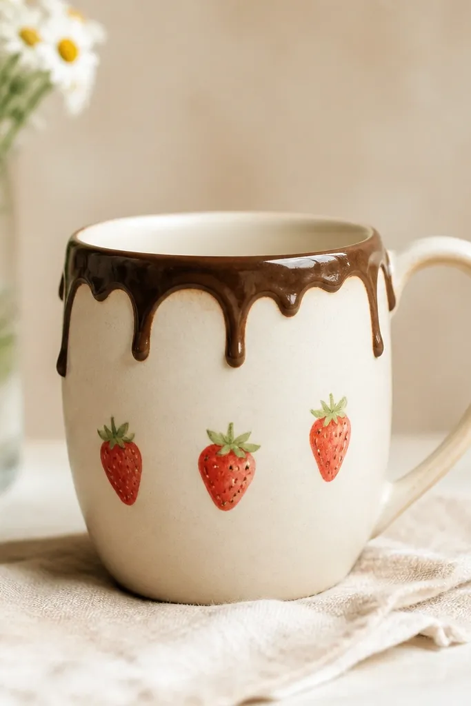 A mug with a brown chocolate drip from the top center and three small red strawberries with green tops on the front.