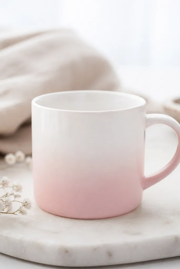 A mug with a smooth pastel ombre fade from light pink at the base up to almost-white near the middle.