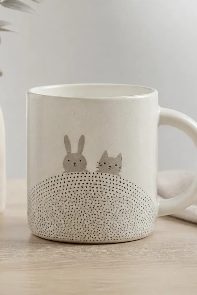 A mug with a curved hill made of small dots, and two simple animal faces (a bunny and a cat) sitting on it.