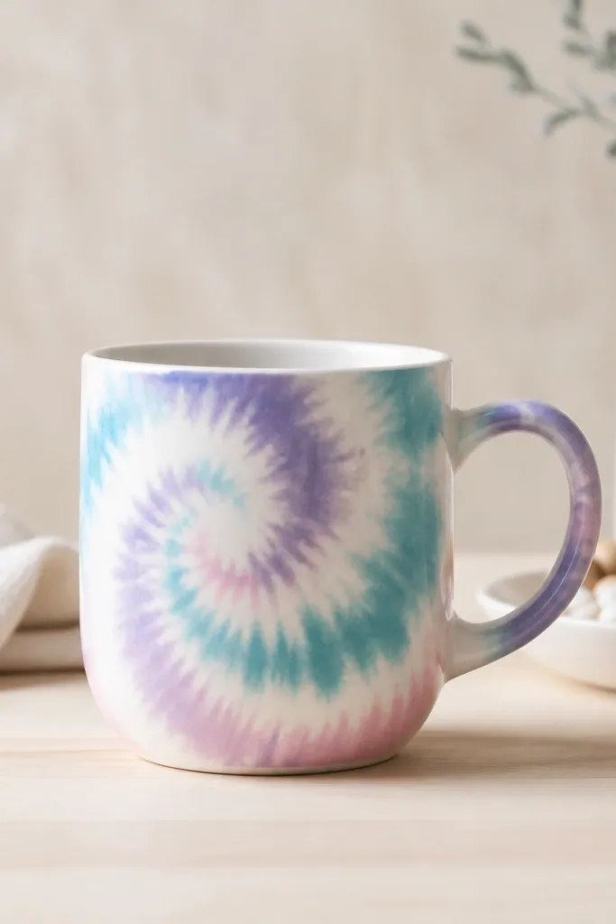A mug with soft tie-dye swirls in teal, lavender, and light pink, with white gaps between the swirls.