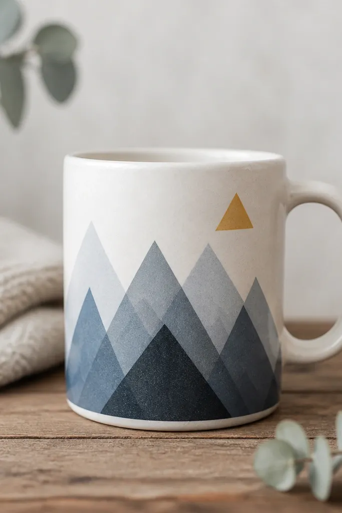 A mug with layered geometric mountain triangles in muted blue and gray, and a small yellow triangle sun in the top corner.