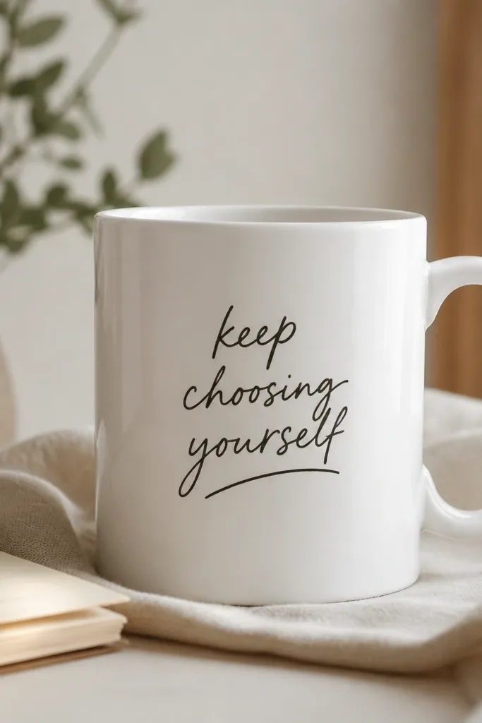 A white mug with a single-color handwritten-style quote in dark charcoal, underlined with a thin curved line.