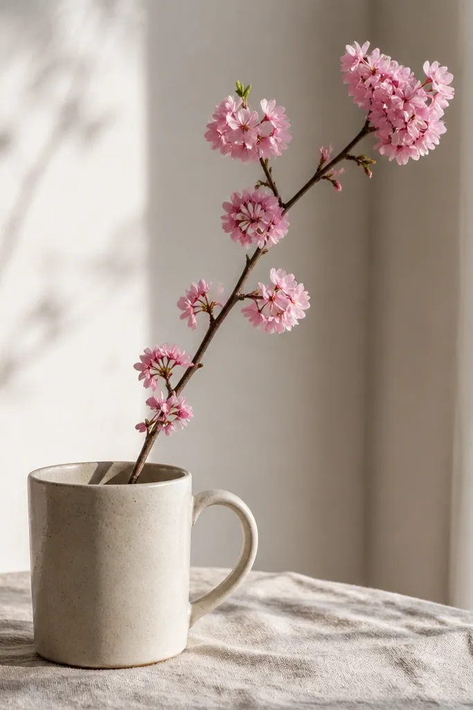 A mug with a thin brown branch angled upward and clusters of light pink blobs shaped like small blossoms, plus a few tiny green dots.