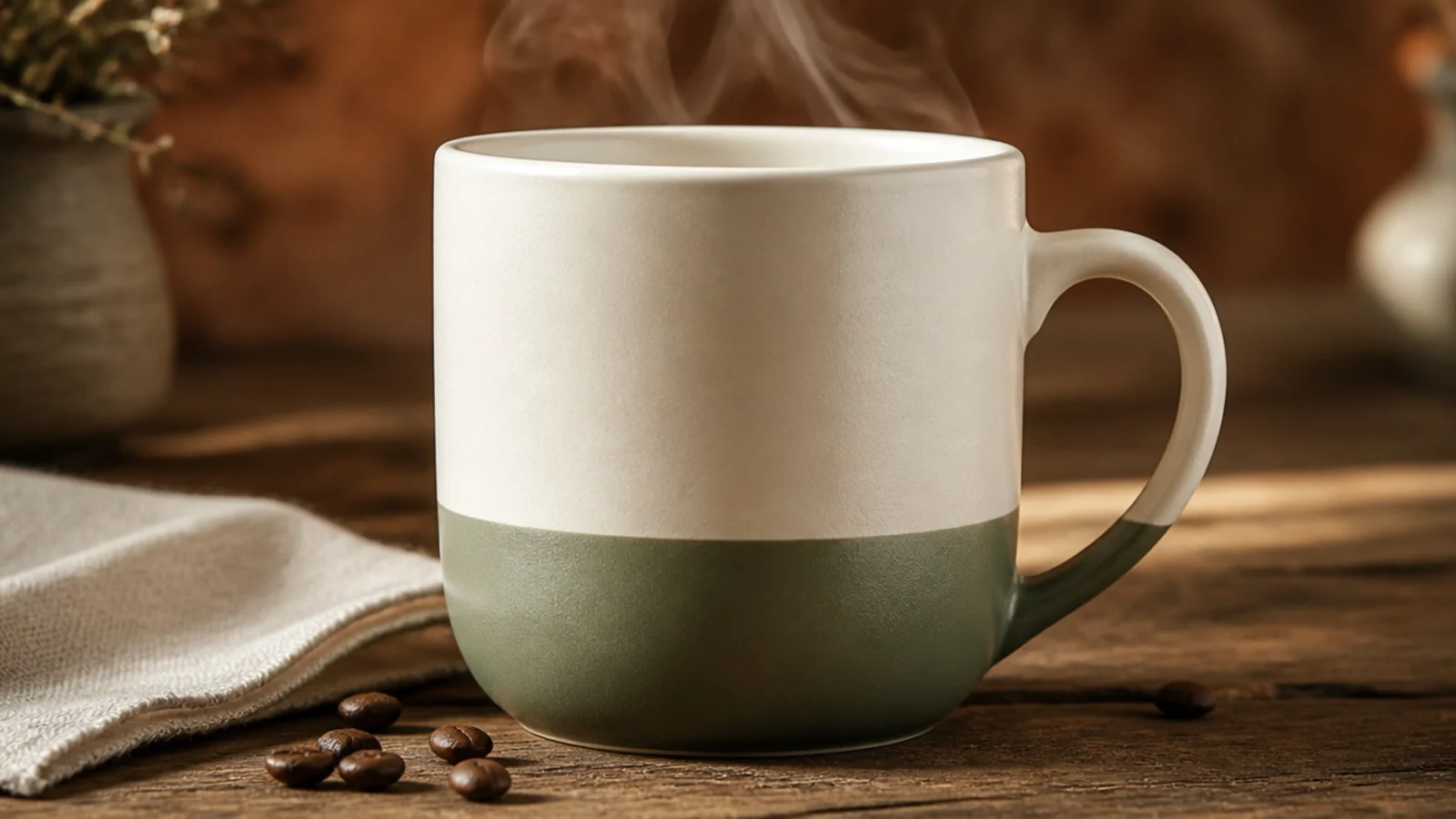A white mug with the bottom third painted a solid sage green in one clean level band, the top left plain white.