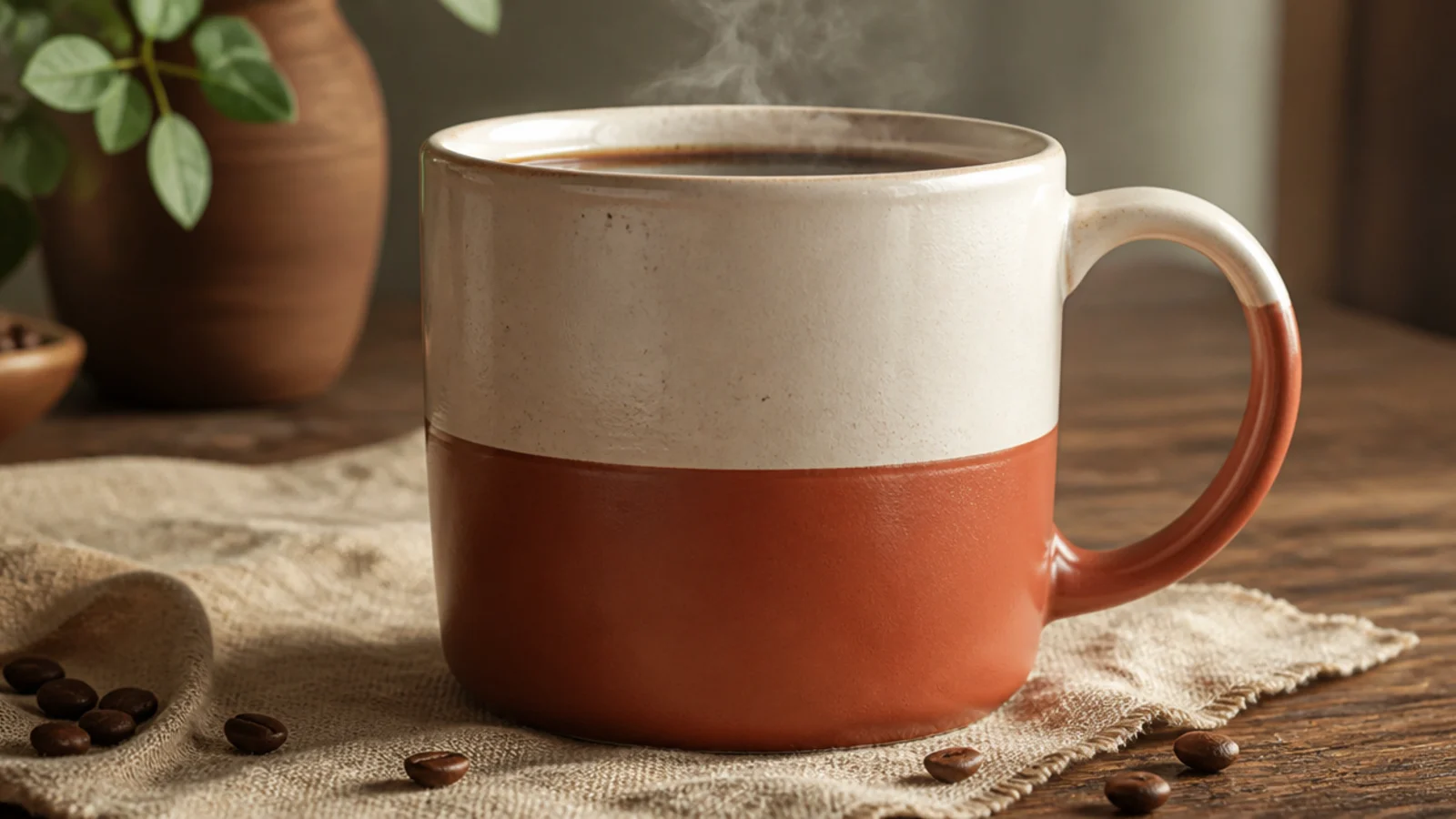 A mug split into two colors, cream on top and rust orange on the bottom, divided by one crisp line around the middle.