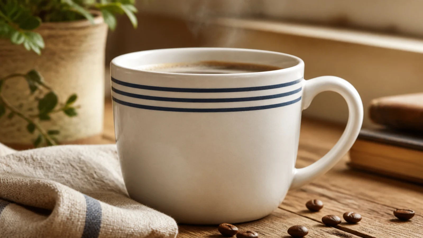 A white mug with three evenly spaced thin navy stripes wrapping horizontally around the body below the rim.