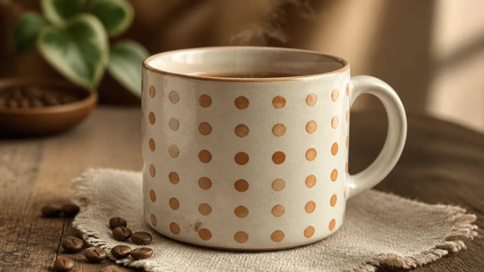 A cream mug covered in an evenly spaced grid of small terracotta polka dots, uniform and round.
