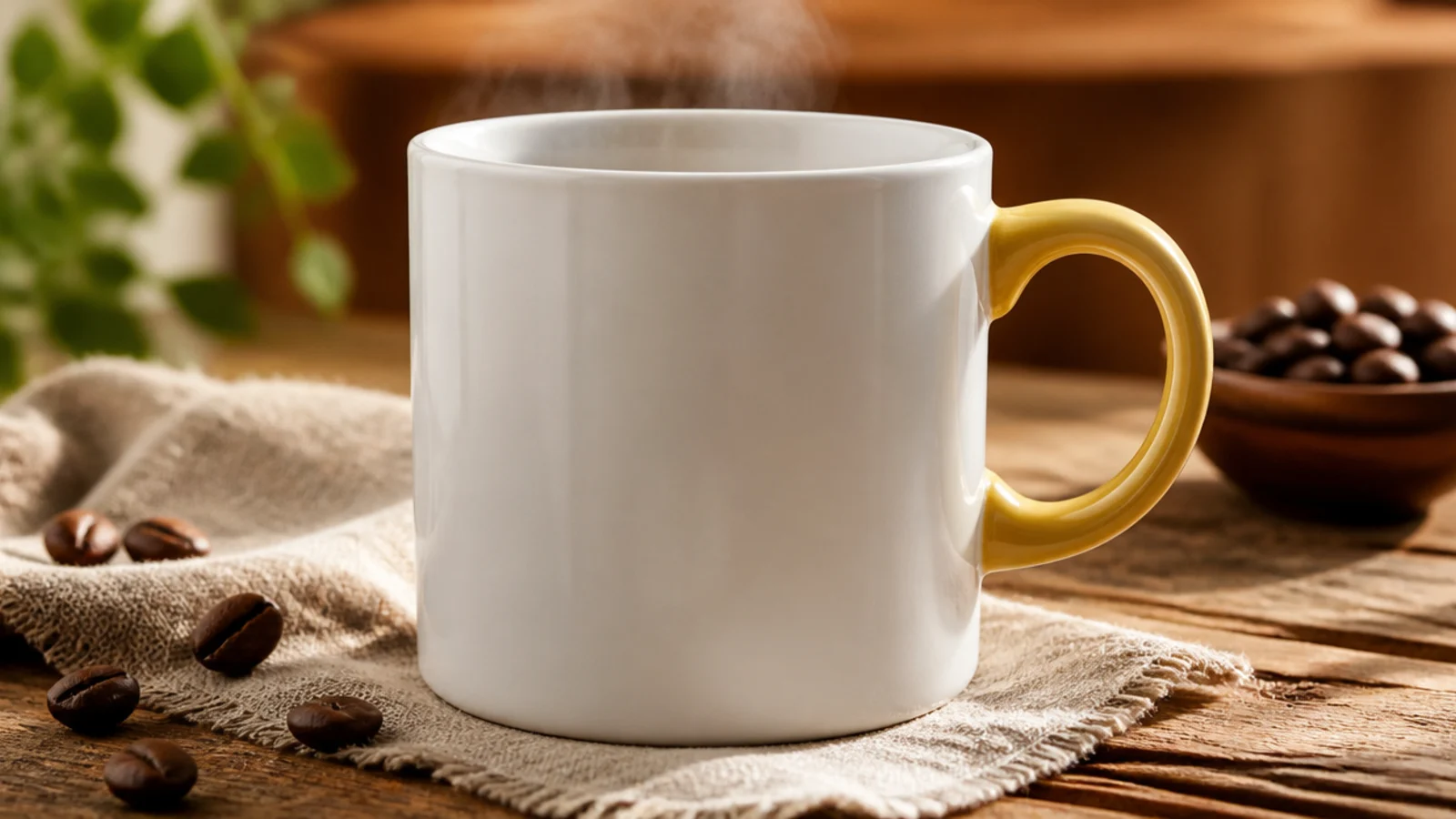 A plain white mug with only the handle painted a solid mustard yellow, the body left white.