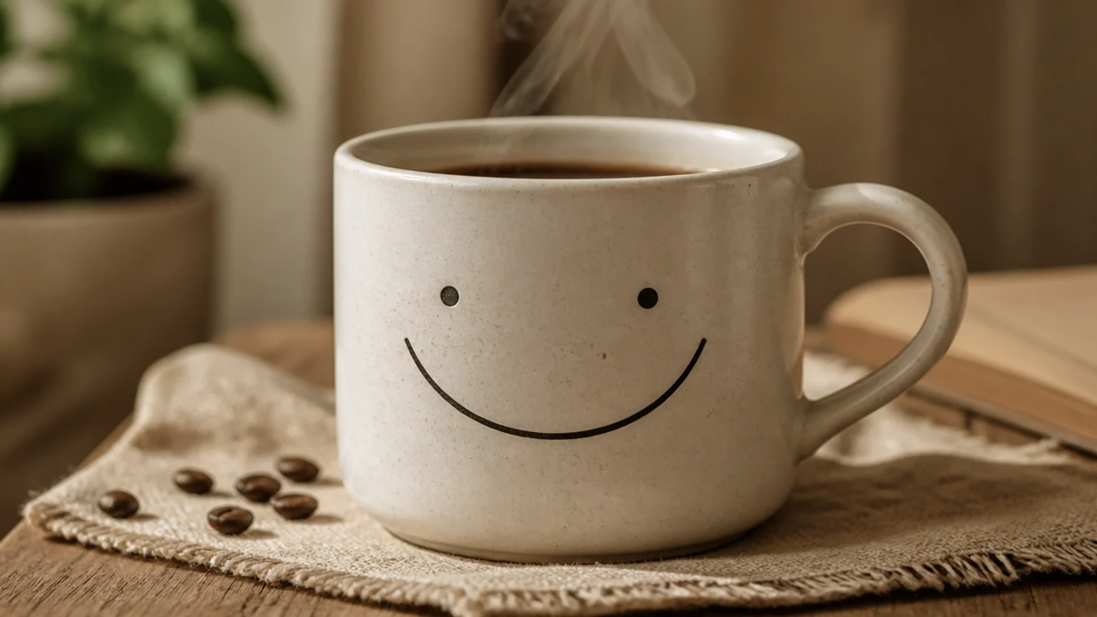 A white mug with a single continuous black line drawing of a simple face - two dots and a curved smile - on the front.