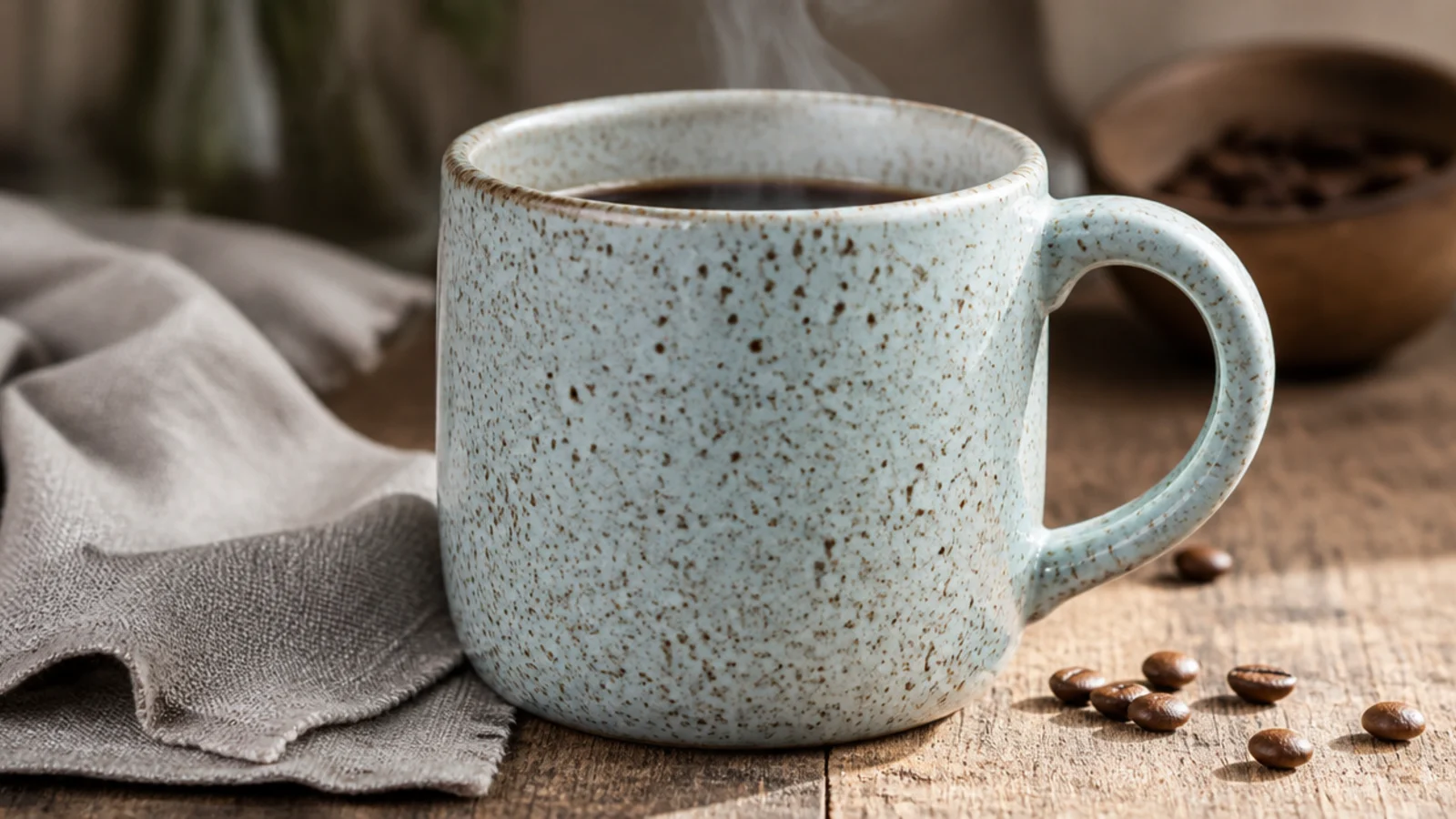 A pale blue mug covered in fine, evenly scattered dark brown speckles, like a robin's egg or handmade stoneware.