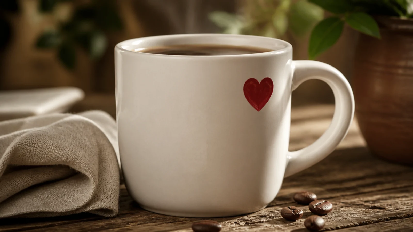 A white mug with one small solid red heart painted where the thumb rests, beside the handle.