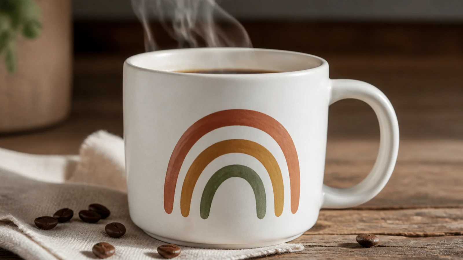 A white mug with a small arch of three muted rainbow bands - terracotta, mustard, and sage - painted on the front.