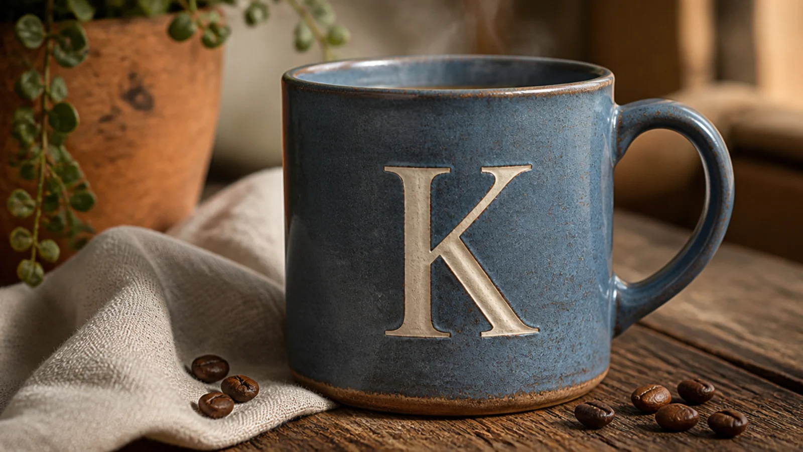 A dusty-blue mug with a single large cream serif initial centered on the front.