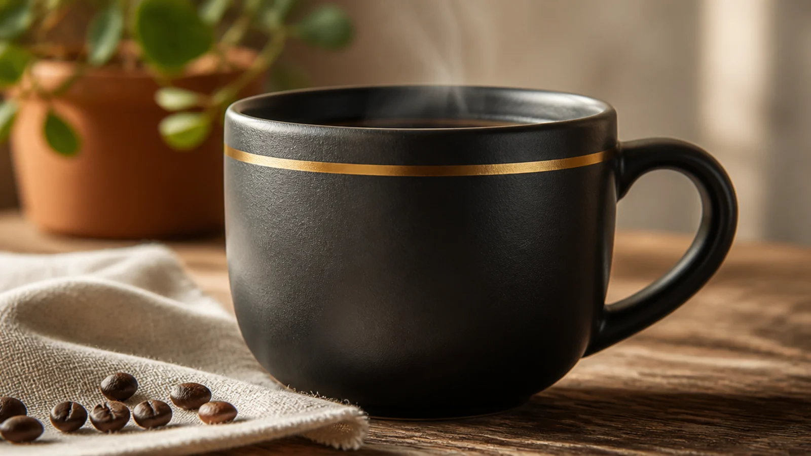 A matte black mug with a thin, crisp metallic gold line painted a half-inch below the rim, running all the way around.