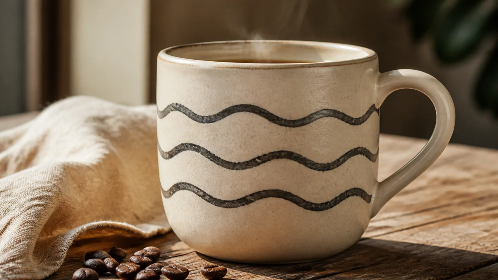 A cream mug with three horizontal wavy squiggle lines in charcoal wrapping loosely around the body.