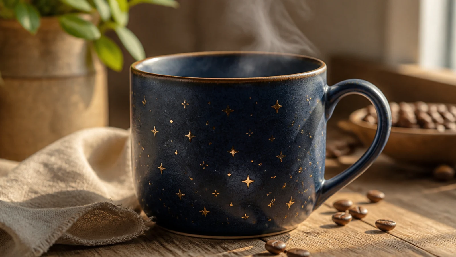 A navy mug with small gold four-point stars and dots scattered across it like a night sky.