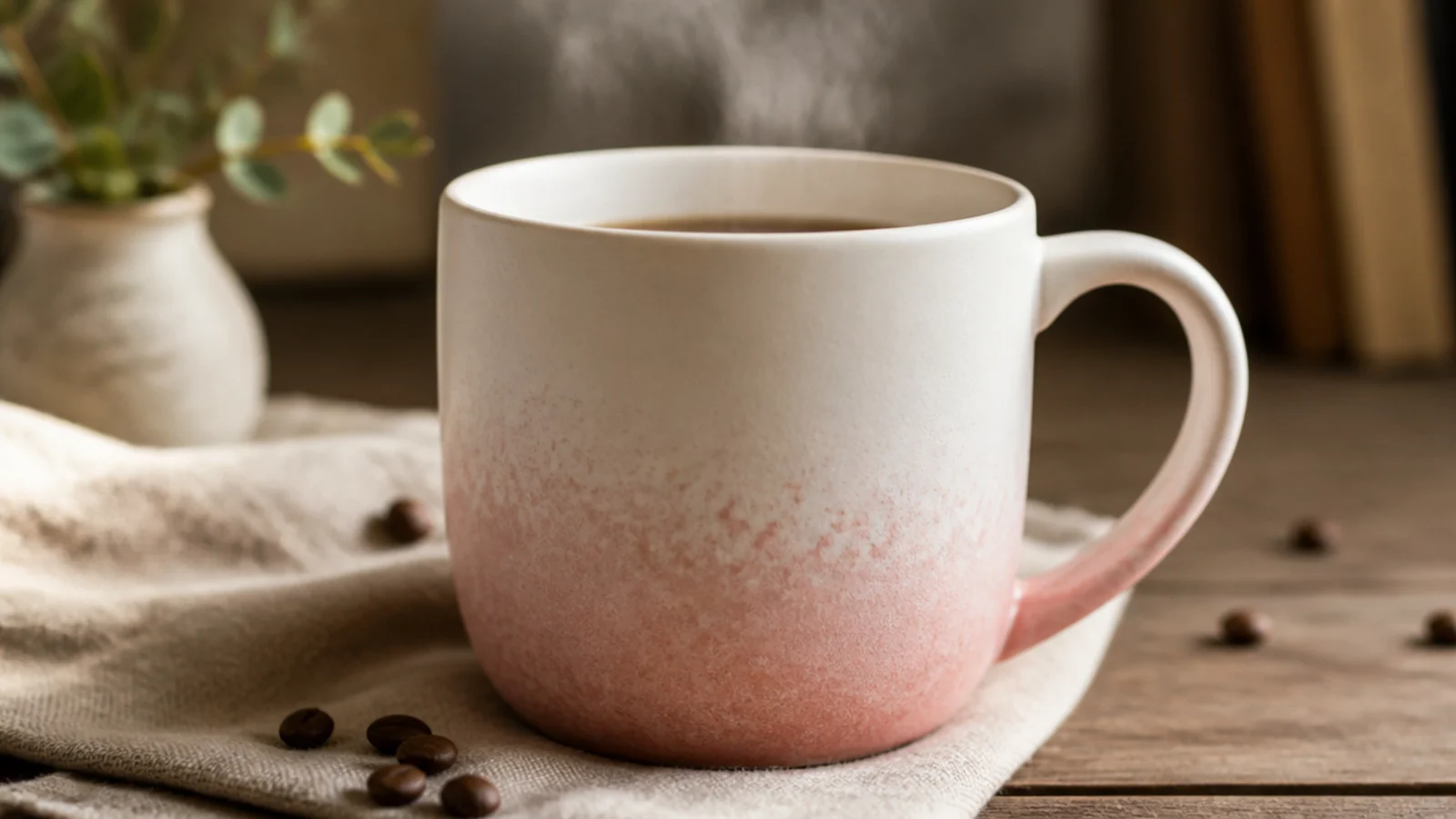 A mug with a soft blush-to-white gradient, blush concentrated at the bottom and fading up, with a subtle sponged texture.
