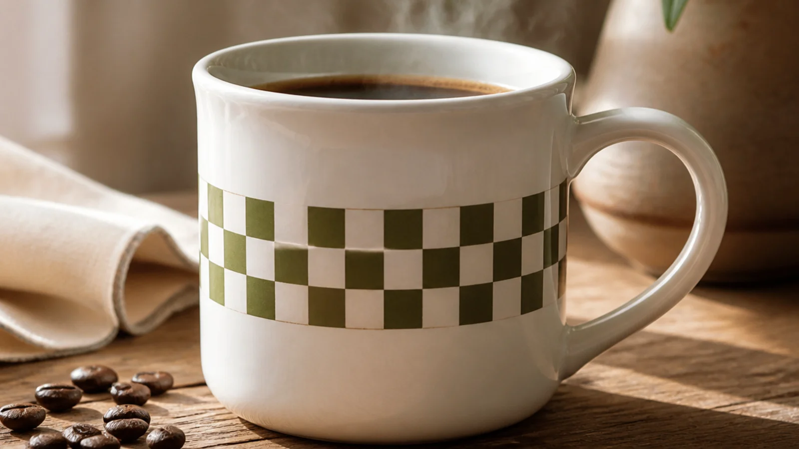 A white mug with a single band of small olive-and-cream checkerboard squares wrapping around the middle, the rest left white.