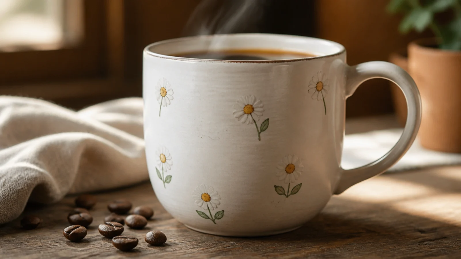 A white mug with a few small hand-painted daisies, white petals around yellow centers, scattered near the base.
