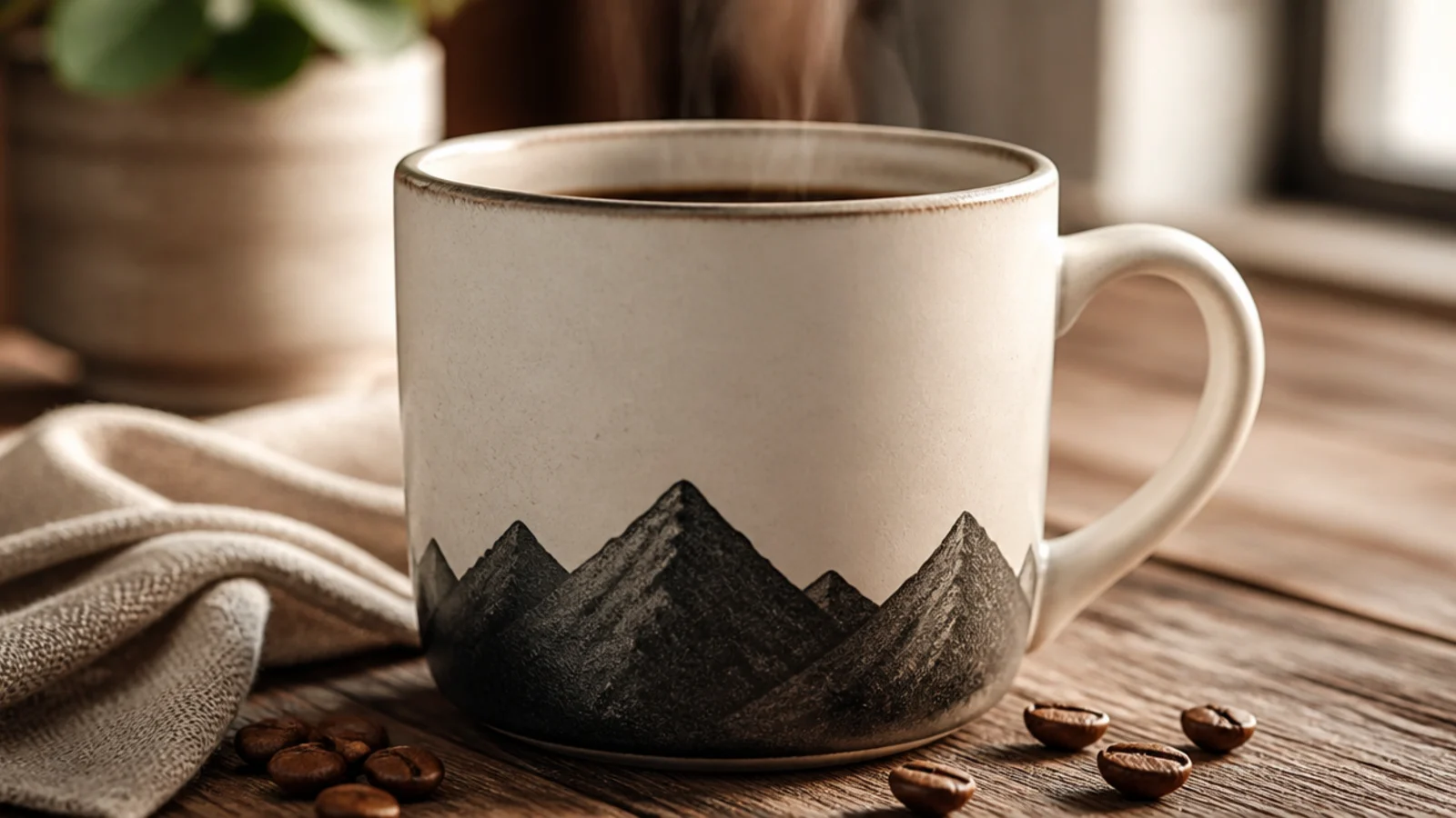 A cream mug with a simple range of charcoal mountain peaks painted as a solid silhouette across the lower front.
