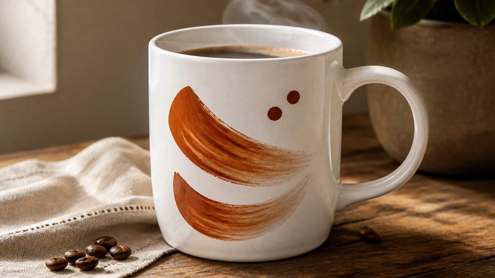 A white mug with a few loose, confident rust-colored brushstrokes and two small dots arranged asymmetrically on the front.