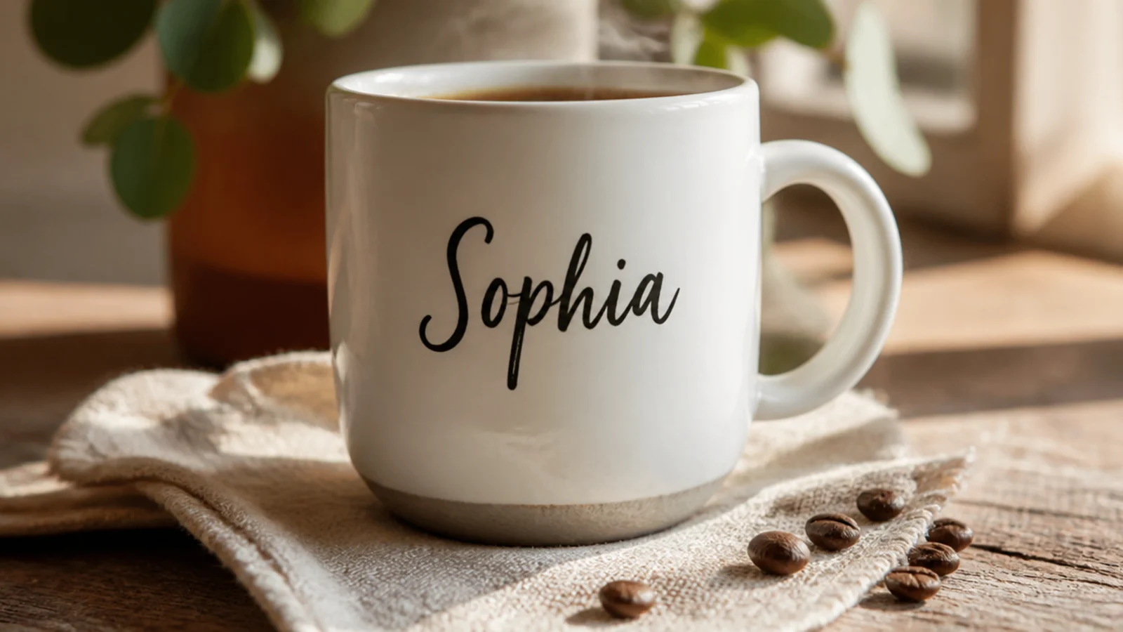 A white mug with a first name written in simple black brush-lettering across the front, below the rim.
