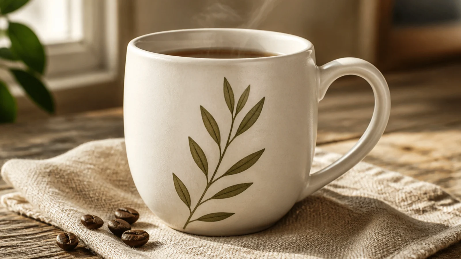 A white mug with one delicate olive-green leafy sprig painted rising from near the base on the front.
