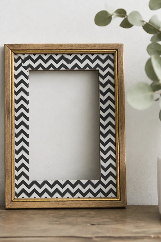 A small wooden thrifted frame with the glass removed. The mat area is covered in crisp black-and-white chevron washi tape. The outer frame is left natural wood with a thin gold tape line.