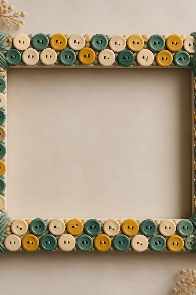 A rectangular frame where the outer border is covered with small round buttons in mixed colors (teal, cream, mustard). At each corner, yarn is wrapped like a little stitched knot.