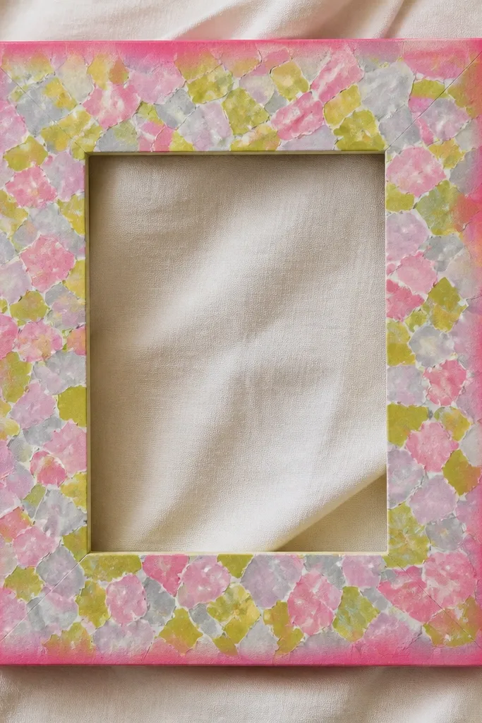 A frame covered in small torn paper squares in shades of pink, lime, and gray. The pieces have a glossy look, and the outer edge is sprayed in a single solid color.