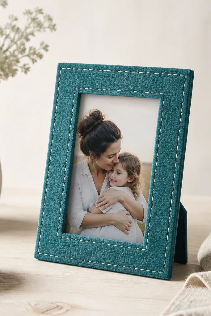 A felt-covered frame with a vertical pocket in the back where a photo slides in from the top. The front has a simple felt border in teal with stitched-looking thread lines.