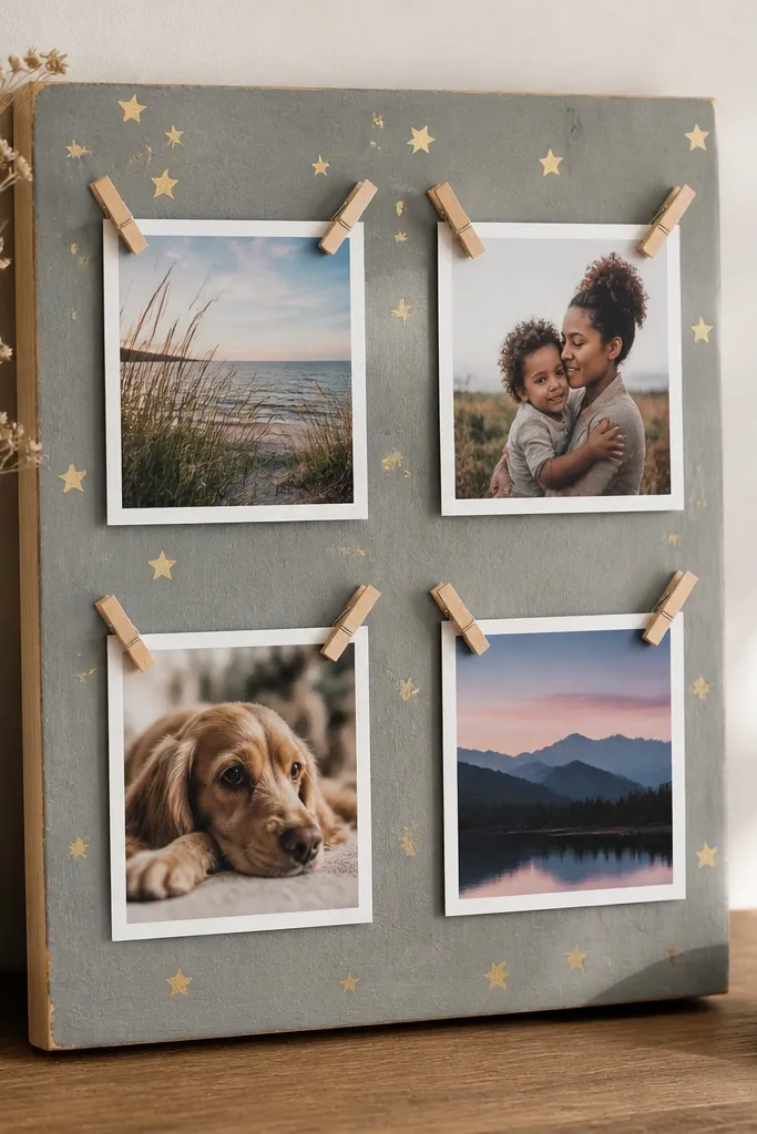 A small wooden board with four mini photo frames made from clothespins. Each photo is clipped at the corners, and the board has a painted background with tiny star stickers.