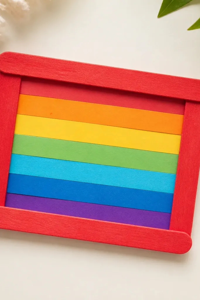 A frame made from four ice-pop sticks forming a rectangle. Inside, rainbow stripes are made from thin paper strips glued in a ladder pattern, with a bright red outer stick border.