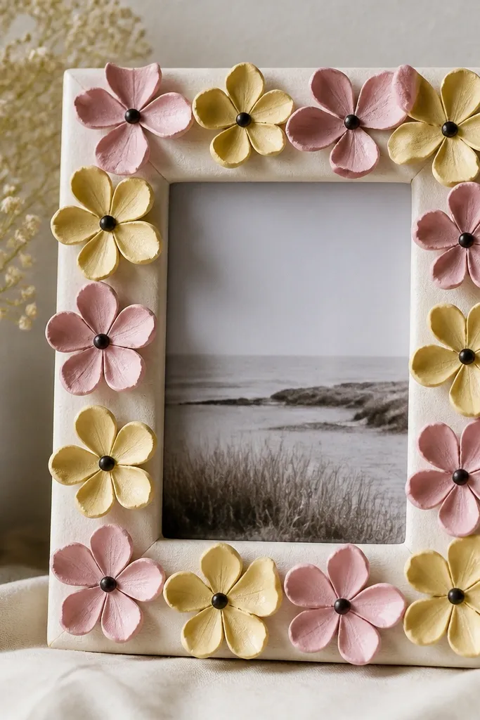 A photo frame with raised flower petals around the border made from painted egg carton pieces. The petals are pastel yellow and pink, with a dark center dot.