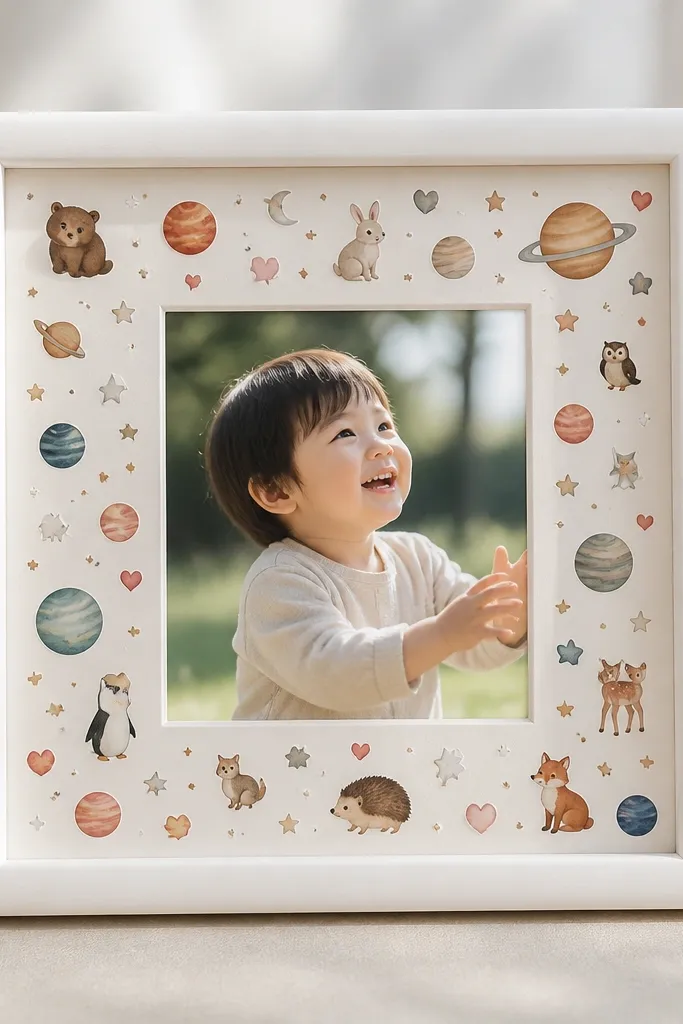A simple white frame with the inner mat covered in stickers (planets, animals, tiny hearts). The stickers are arranged neatly with a thick blank white border around the photo.