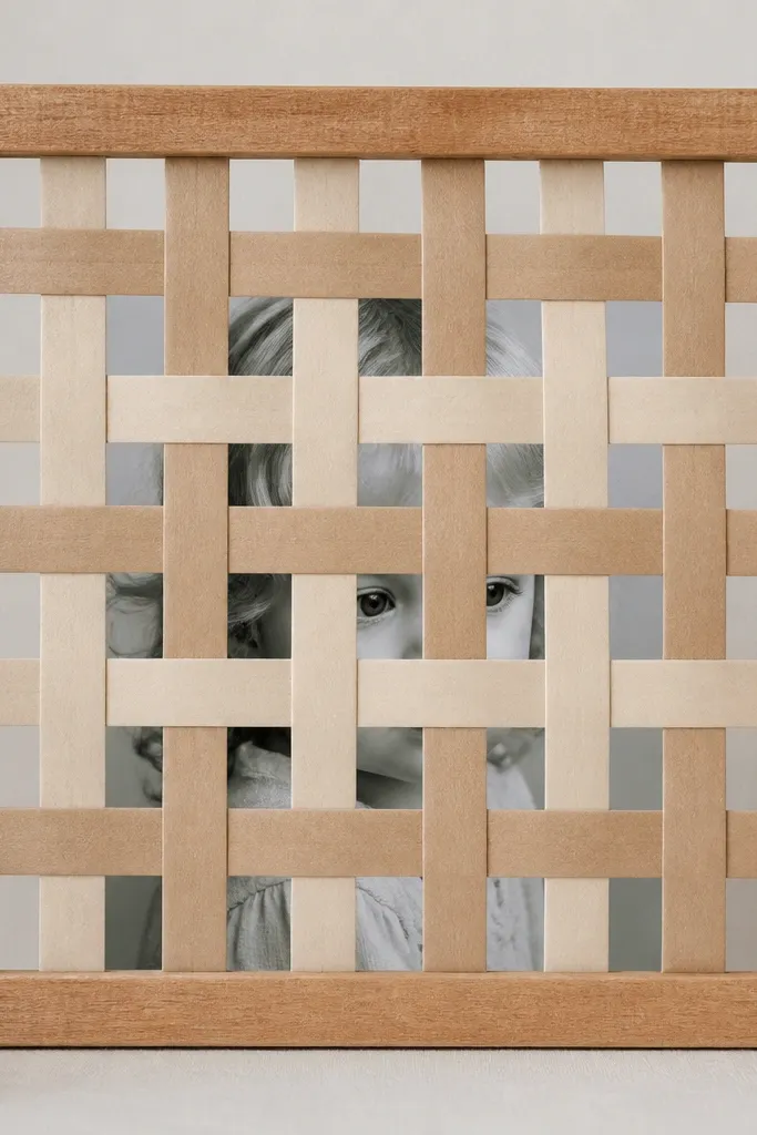 A small frame made from coffee stirrers stained light brown. Inside is a woven grid of paper strips in beige and tan, with a photo centered behind the weave.