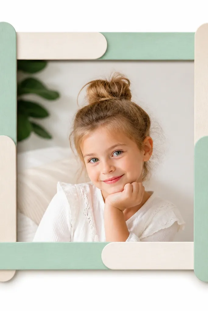 A frame with a clean white background. The border is made from popsicle sticks painted in two alternating colors. The photo sits slightly forward, creating a subtle shadow effect.