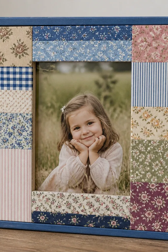 A sturdy cereal box frame covered in a patchwork of fabric strips inside the mat. The outer edge is painted blue, and the photo is visible through a rectangular opening.