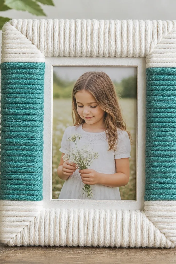 A rectangular yarn-wrapped frame in chunky white and teal yarn. There's a clear inner border made from painted cardboard, and the photo sits centered inside.