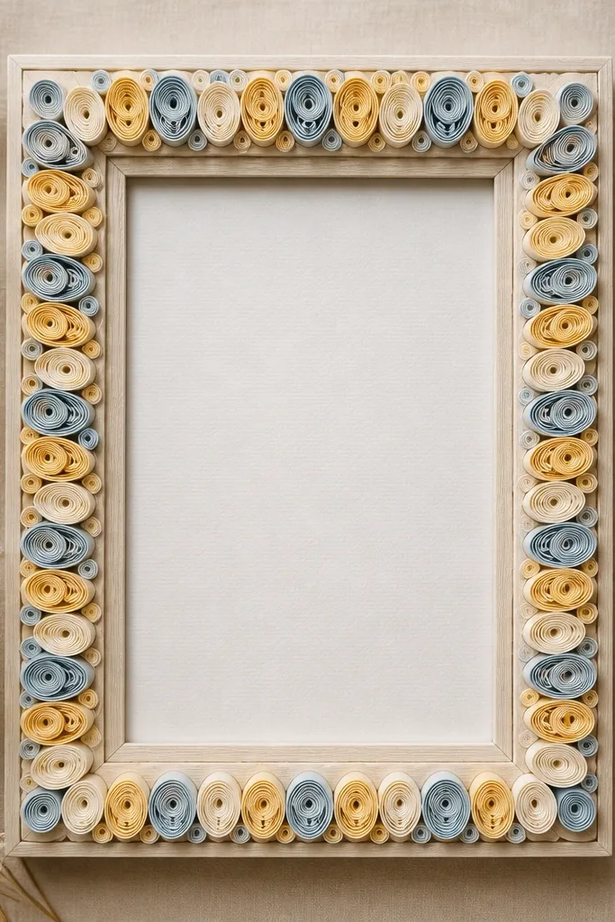 A frame decorated with many small rolled paper dots around the border. The dots are in pale blue, cream, and warm yellow, arranged in a neat oval pattern.