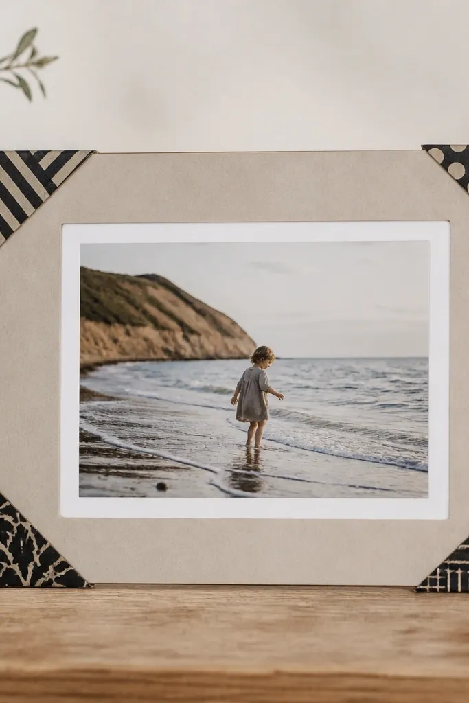 A small rectangular frame where only the corners are wrapped in patterned duct tape. The center is a plain background with a photo in a clean white mat.